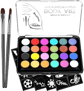 Face Paint Kit for Kids - 32 Stencils, 24 Large Water Based Paints, 2 Brushes, Professional Quality Face & Body Paint, Hypoallergenic Safe & Non-Toxic, Ideal for Halloween Party Face Painting