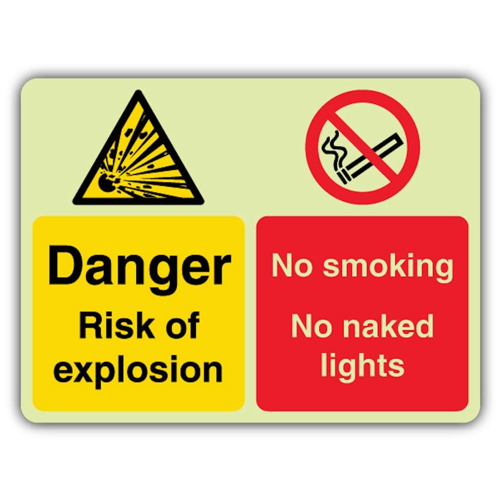 V Safety - Señal de seguridad que brilla en la oscuridad, peligro de explosión, no fumar, sin luces desnudas, 600 x 450 mm, hecha de plástico rígido de doble brillo, señalización de advertencia de