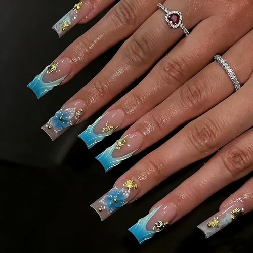 CTTHNBD Medium Press on Nails Square - Blue French Tip Fake Nails with Flower Design - Shell Summer False Nails Press ons - for Women 24 Pcs