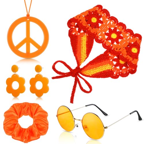 Remuuly 5 Pcs 60s 70s Hippie Accessories for Women Flower Knit Headband Boho Retro Outfits 70s Hair Hippie Costume (Orange)