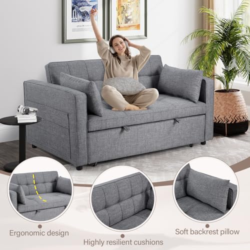 Image of HAOMARKETS 3 in 1 Convertible Sleeper Sofa Bed, Loveseat Chaise Lounge with Pullout Bed, 2-Seater Futon Couches with Storage Pockets, 3-Level Adjustable Backrest and Pillows for Living Room, Dark Grey