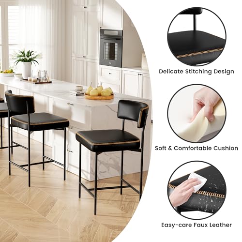 Image of Bar Stools Set of 2, Faux Leather Counter Height Barstools with Curved Back, 25 Inch Upholstered Bar Chairs, Modern Counter Stools for Kitchen lsland, Black