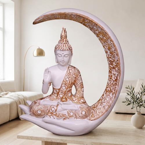Image of Antique Big Meditating Moon Buddha Statue Showpiece for Home Decor - Living Room - House Warming - Office - Gifting - Buddha Idol Polyresin Decorative Figurine (9 Inch / 23 cm, White, Gold)