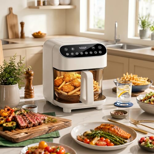 Image of Kismile 5QT Glass Air Fryer, 8 in 1 PFAS-Free Non Toxic AirFryers, Digital Touch Control, Portable Air Fryer with Precise Temperature Control & Timer, Up to 400F, 95% Less Oil.(Creamy White)
