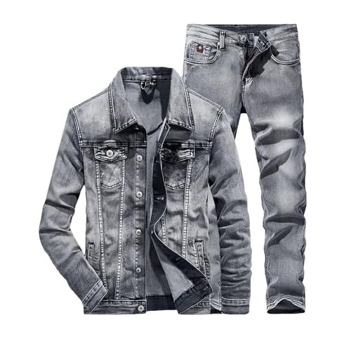 Men's Denim Two Piece Set Slim Micro-Stretch Two-Piece Jacket Jeans Suit