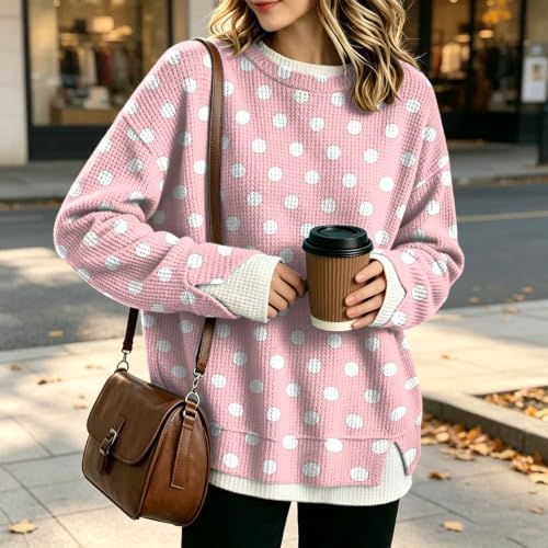 Waffle Knit Womens Crew Necks Sweatshirts Oversized Polka Dot Layered Tops - image 3
