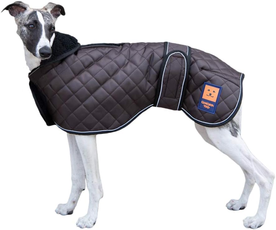 Ginger Ted Warm Harness Greyhound Whippet Lurcher Dog Coat size 22"/56cm Brown - for sighthounds & narrow build dogs, warm lining, zip harness slot, reflective piping, jacket raincoat style
