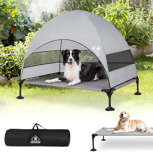 Elevated Outdoor Dog Bed with Canopy, Raised Outside Cot with Stable Adjustable Feet, Dog Camping Bed with Larger Shade, Lifted Pet Tent Bed with Canopy for Outside Camping, Backyard, Patio & Beach