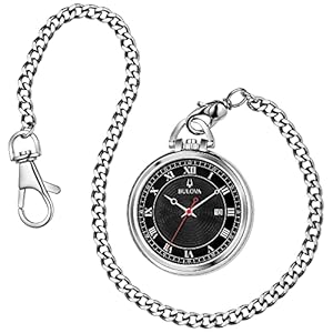Bulova Classic Pocket Watch 3-Hand Date Quartz Stainless Steel, Black Dial with Detachable Chain Style: 96B308