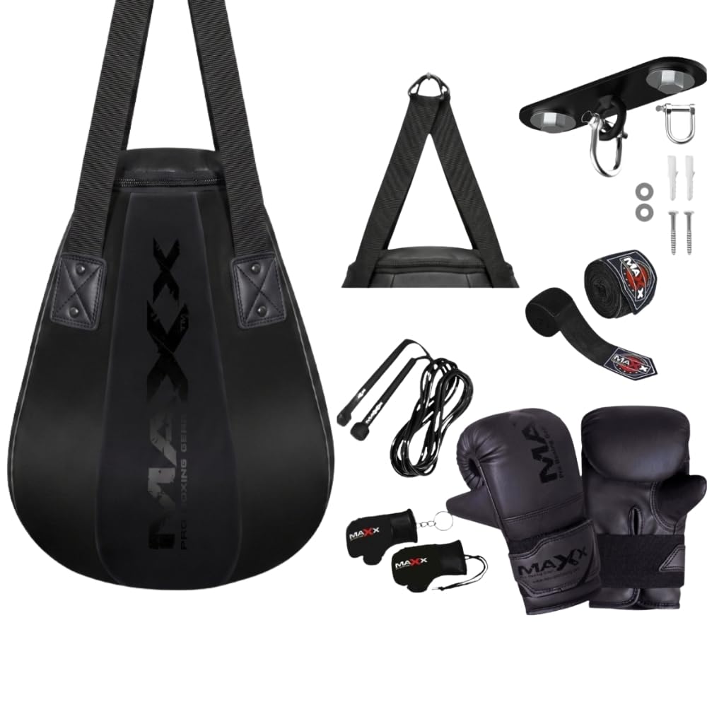 MAXX Pear Shaped Maize Punch Bag Uppercut Bag, Durable Rexine Leather, Filled & Ready to Use, Zip-Top Adjustable Weight, Home Gym Boxing & Martial Arts (Black, 10PCS SET WITH HOOK)
