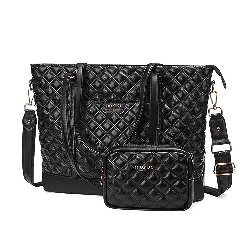 MOSISO Laptop Tote Bag for Women, 15.6 inch Briefcase Computer Bag Compatible with MacBook, HP, Dell, Asus Notebook, 16 inch Large Capacity Rhombus Quilted Leather Laptop Bag with Small Purse, Black