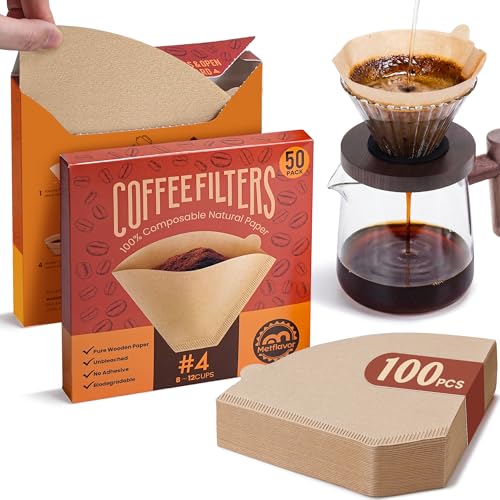 Image of #4 Coffee Filters 100 Count, Unbleached Cone Coffee Filters 8-12 Cup