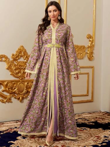 Image of Abaya for Women Floral Embroidered Muslim Dress V-Neck Arabian Maxi Robe