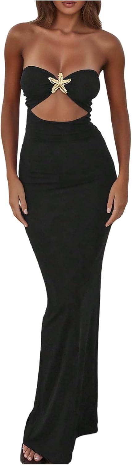 MakeMeChic Women's Strapless Dress Starfish Cut Out Sleeveless Bodycon Tube Maxi Dresses