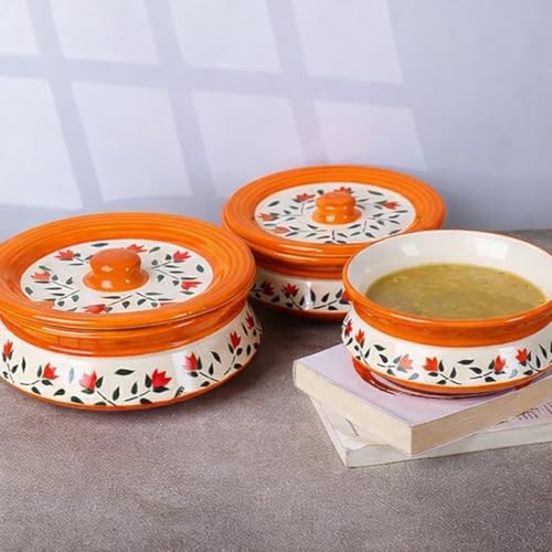 Image of Niyara Orange Leaf Design Ceramic Casserole with Lid for Serving & Storage | Microwave Safe | Stylish Kitchen & Dining Serveware (Set of 3, Sizes: 1000ML, 650ML, 550ML)