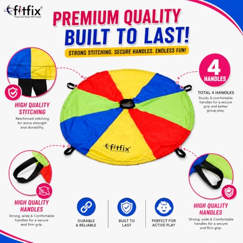 Image of Fitfix Sports Theme Rainbow Parachute 4feet, 4 Handles with Carry Bag for Kids in Bright Colors for Outdoor Sports Development, Team Building,Games, Tent, Cooperative Games- Multicolor