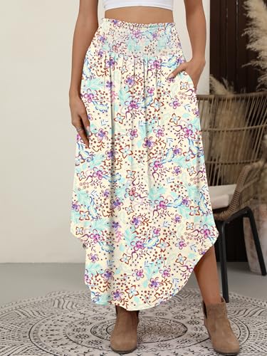 Image of ANRABESS Women's Maxi Skirts Summer Boho Floral High Waisted Flowy Swing Pleated Beach Long Skirt with Pockets