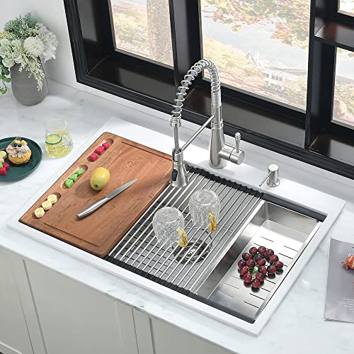 33 White Drop In Kitchen Sink Workstation-Ianomla 33X22 Drop-In Topmount Quartz Composite White Kitchen Sink Drop In Workstation Single Bowl Kitchen Sink With Cutting Board&Drain #TOP2