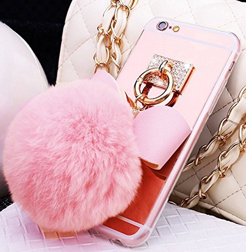 DStores® for iPhone 7 Plus 5.5 inch Case, Rose Gold Cute Mirror Electroplate PC Back Cover + TPU Bumper Scratch Resistant Case,Ring Metal Fur Ball Pendant