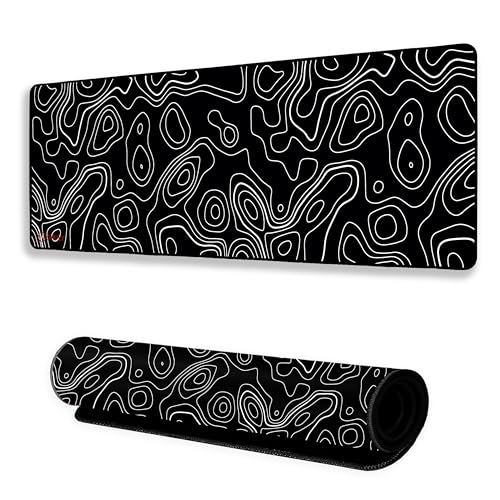 Image of Black Contour Line Mouse Pad 11x23Inch 2mm Extended Gaming Desk Mat with Anti-Slip Rubber Base Mousepad for Smooth Surface Desk pad for PC & Laptop Use Waterproof & Stiched (Black /White) Deskpad