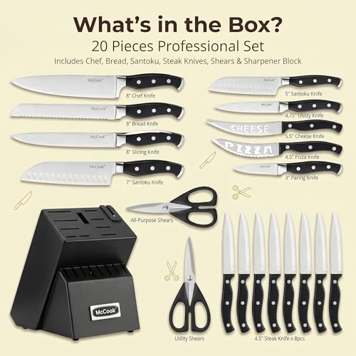 Image of McCook Knife Sets,German Stainless Steel Kitchen Knife Block Set with Built-in Sharpener, 20-Piece Razor-Sharp Kitchen Knives, Forged Triple Rivet,Full Tang,Ergonomic Handle,Elegant Box for Gift