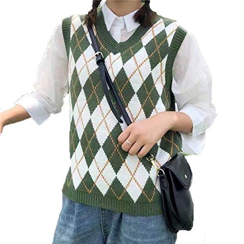 Image of Sweater Vest Women,Sleeveless V Neck Argyle Plaid Long Preppy Loose Knitted Casual School Sweaters Tank Top
