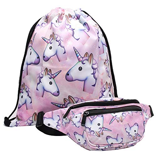 Fanny pack & Drawstring Bag set FASHION 2 pcs/PACK Giddah Hot Pink &Blue Fanny Packs/Waist Bags set For Women, Men, Girls and Boys (unicorns)