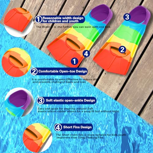 Schwimmflossen Kinder, 100% Silikon Kurzflossen, Taucherflossen Regenbogen Flossen für Kinder Erwachsene Männer Frauen Schwimmen Tauchen (Regenbogen, XXS)