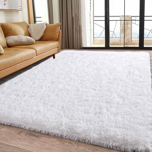 5x7 White Rugs for Bedroom, Soft Fluffy Shaggy Rugs for Living Room, Non-Slip Fuzzy Shag Carpet for Kids Room Home Decor