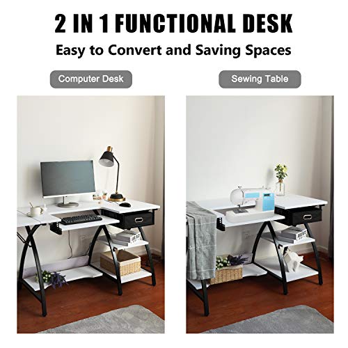 BAHOM 2 in 1 Adjustable Sewing Craft Table Desk with Storage Drawer, Multifunctional Craft Cutting Table with 2 Shelves, Sturdy - White - Thumbnail 7