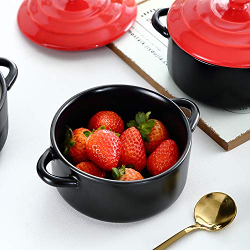 Bruntmor Soup Bowls Dinner Serving 8.5Oz Oven Safe Soup Bowls With Lids, Mini Cocotte Ceramic Ramekin For Baking, Mini Casserole With Lid, Souffle Dish, (Matte Black W/Red Lid) #TOP6