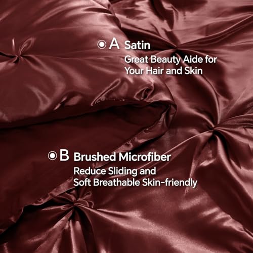 Image of BEDELITE Satin Comforter Set Queen Size, 7 Pieces Pintuck Bed in A Bag with Comforter, Flat Sheet, Fitted Sheet, Pillowcases, Shams, Soft Cozy Similar to Silk Bed Set for All Seasons (Burgundy)