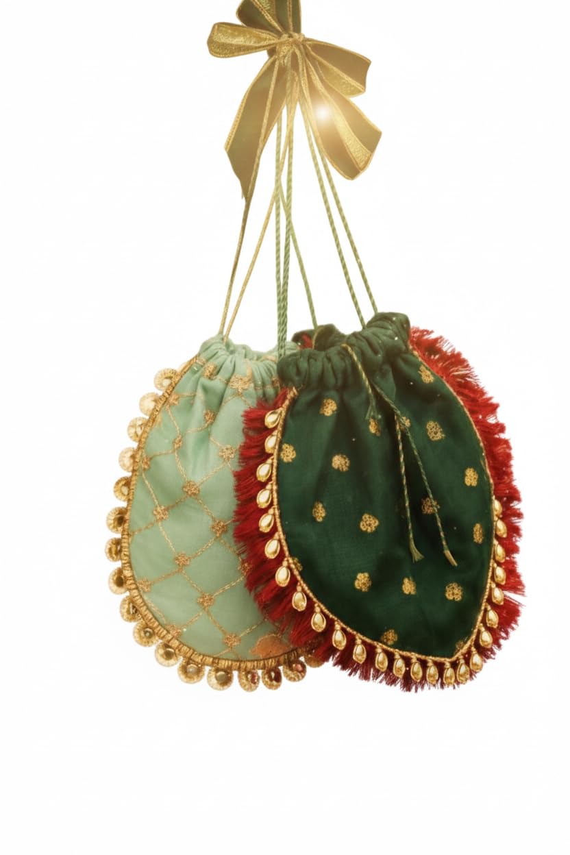 Decorative Potli Bags Set, Green and Gold, Embroidered with Fringe Trim, Drawstring Closure, Traditional Indian Style-picture-44
