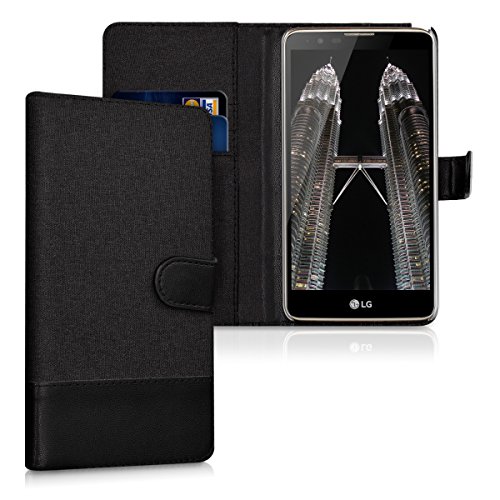 kwmobile Funda Compatible con LG Stylus 2 - Carcasa de Tela y Cuero sintético Tarjetero Antracita/Negro