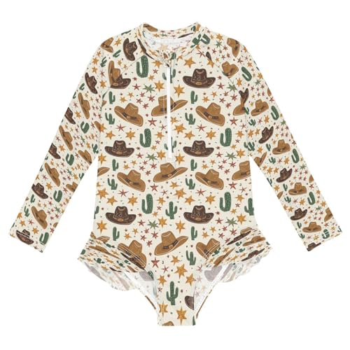 Cactus Hat Brown Girls Long Sleeve Swimsuits One Piece Zipper Bathing Suit UPF 50+ Rashguard Swimwear