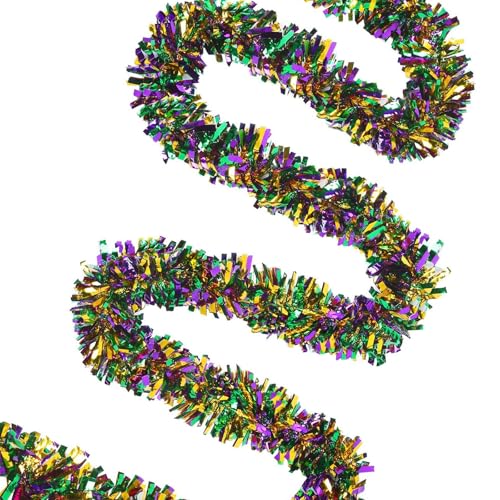 26.25Ft Mardi Gras Tinsel Garland Decorations, Metallic Mardi Gras Garland Hanging Decoration Shiny Mardi Gras Tree Ornaments For Carnival Party Indoor Outdoor Party Supplies