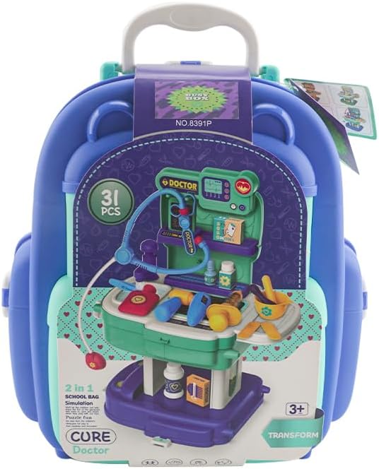 Miniatura 7 de Busy Box Kit médico de juguete para niños, juego de estación médica de simulación para niños y niñas, 31 accesorios mochila móvil, kit médico para