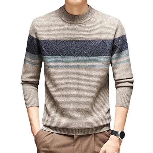 Vsadsau 100 % reiner Kaschmir-Pullover für Herren, Rundhalsausschnitt, Jacquard-Pullover, Farbe, kontrastierender Strickpullover, Khaki9, X-Large