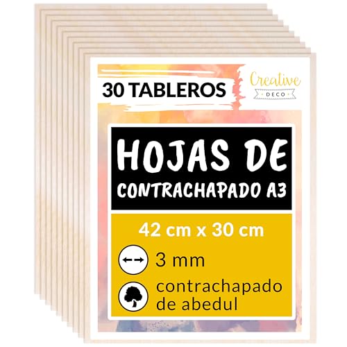Creative Deco 30 x A3 Tablero Madera Manualidades Contrachapado | 420 x 300 x 3 mm (+/- 2mm) | Chapa Maciza Abedul Maderas para Bricolaje | Pirograbado, Corte por Laser, CNC Router, Modelado