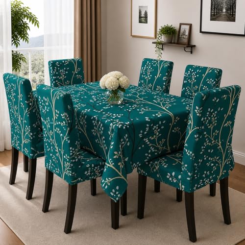 Image of Polycotton Printed Dining Table Cloth with Dining Chair Covers,Slipcovers (6 Seater Table Cover + 6 Chair Cover) (Green Tree)