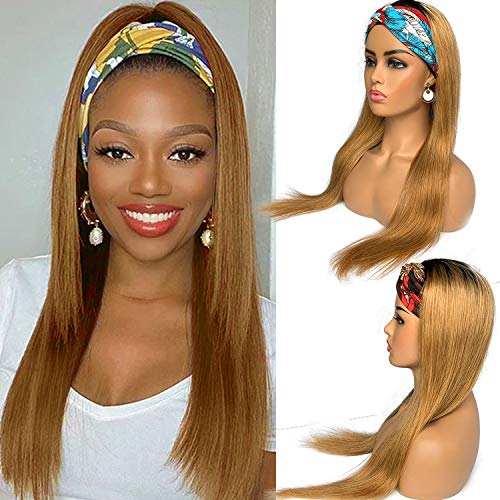 Ombre Long Straight Human Hair Wigs no Lace Front Headband Wigs for Black Women Natural Black to Strawberry Blonde Highlight Human Hair Machine Made Glueless No Plucking Wigs 24 inch 1B27