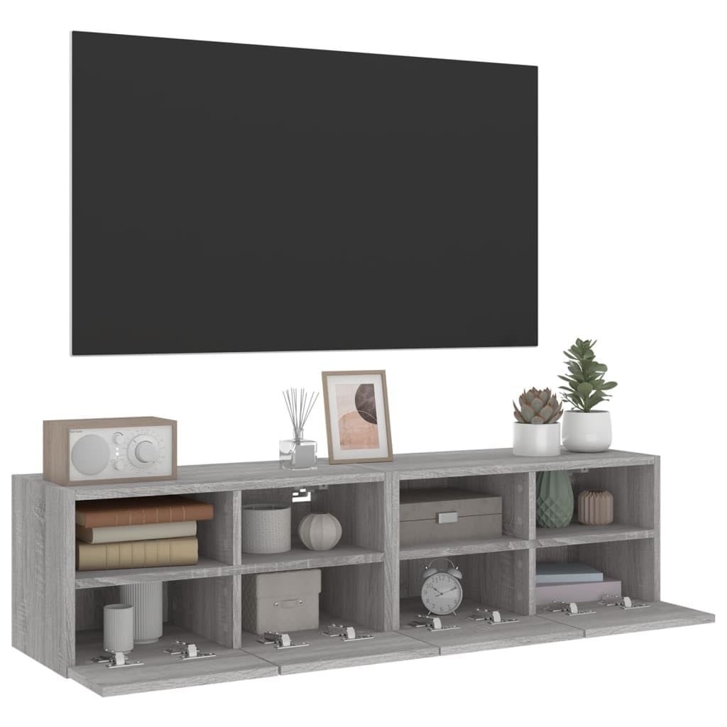 Mobile da parete per TV, in legno, grigio, 60 x 30 x 30 cm | 2 ripiani, 2 vani per porte, montaggio a parete, spazio per libri e DVD