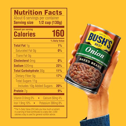 Image of Bush's Best Canned Onion Baked Beans (Pack of 12), Source of Plant Based Protein and Fiber, Low Fat, Gluten Free, 28 oz