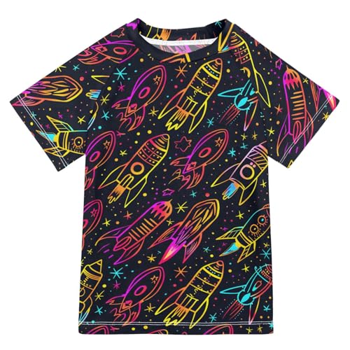 ALAZA Kids Rash Guard Boys Toddler Swim Shirts Short Sleeve Neon Rocket Doodle UPF 50+ 3T