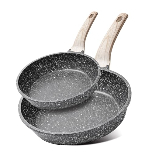 CAROTE 2-Piece Nonstick Frying Pan Set Marble-Effect Coating 20cm & 28cm Aluminium Pans with Heat-Resistant Handles PFOS & PFOA Free & Induction Hob Compatible (Black)