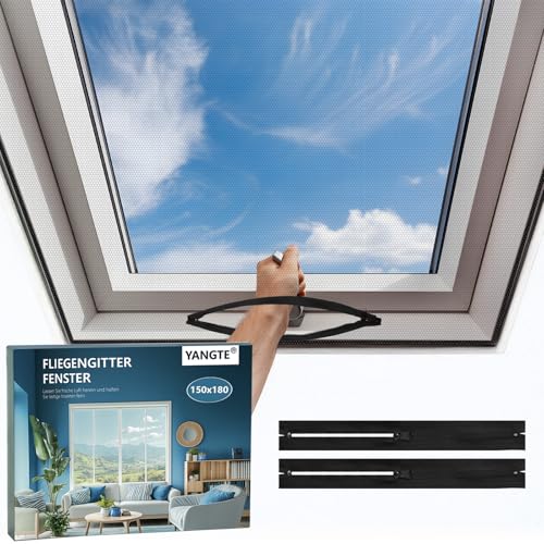YANGTE Fliegengitter für Fenster Ohne Bohren 2 Stück 150 x 180 cm - Insektenschutz Fliegengitter Zuschneidbar mit Selbstklebendem Klettband