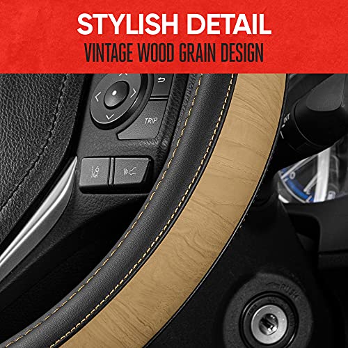 Image of Motor Trend SoftTouch Wood Grain Steering Wheel Cover for Cars - Standard 15 Inch Black & Beige Faux Leather Car Steering Wheel Cover with Light Wood Trim, Fits Auto Truck Van SUV