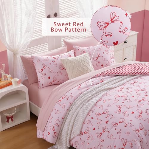 Image of Full Size Comforter Set for Girls Red Bow Heart 7 Pieces Bed in a Bag