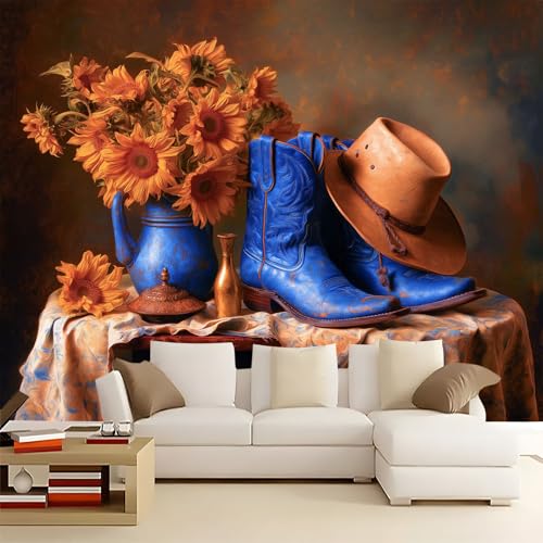 Color Óxido Papel pintado panorámico no tejido 250 x 175 cm Tamaño personalizado, póster mural gigante 3D, Moderno Botas Sombrero De Vaquero Flores para sala de estar dormitorio o restaurante