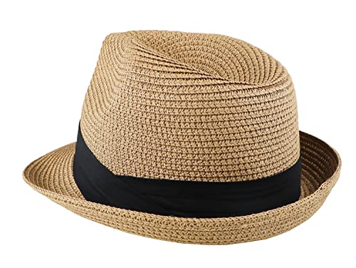 Kids-Straw-Fedora-Hat-Boys-Sun-Beach-Hat Floppy-Panama-Jazz Trilby-Cuban Hat(20.5" For 2-5Years; 21.26" For 5-8Years) Khaki #TOP2